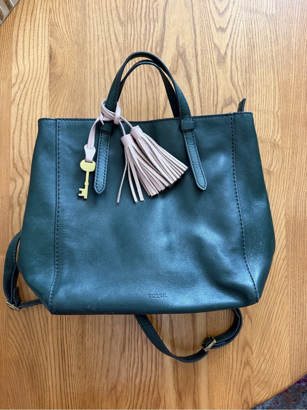 Fossil Forest Green Leather Tote with Blush Tassel